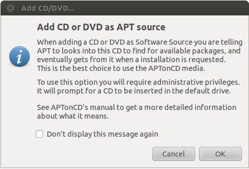 Диалог добавления CD/DVD в источники APT через APTonCD