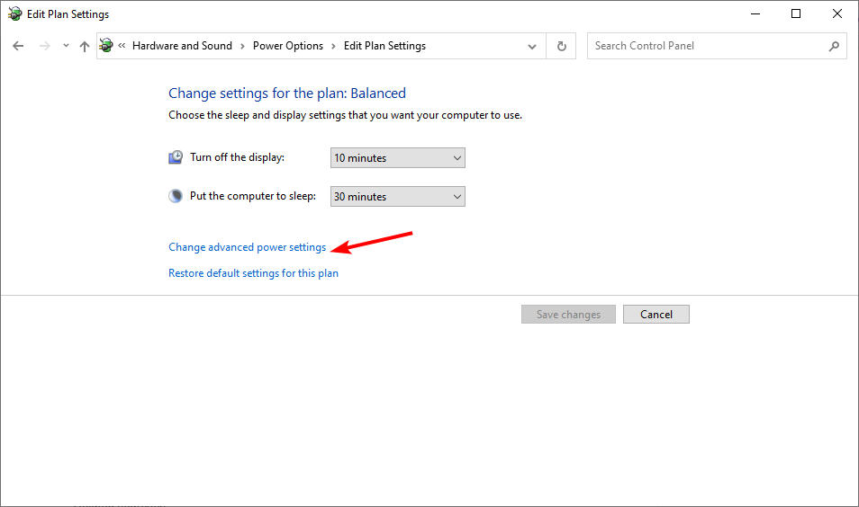 Кнопка Изменить дополнительные параметры питания