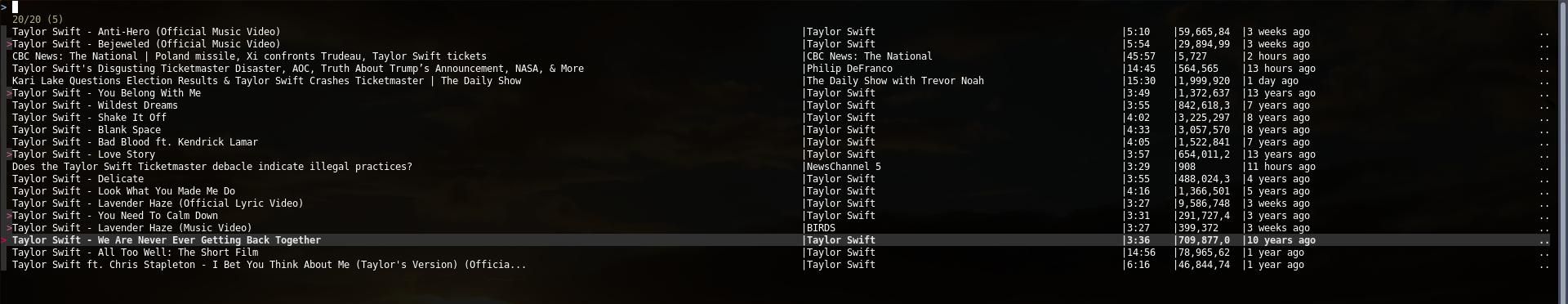 множественный выбор видео Taylor Swift в интерфейсе ytfzf