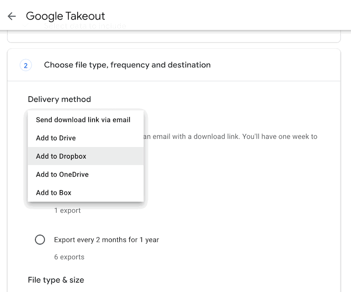 Вы можете выбрать способ получения архива своих данных.