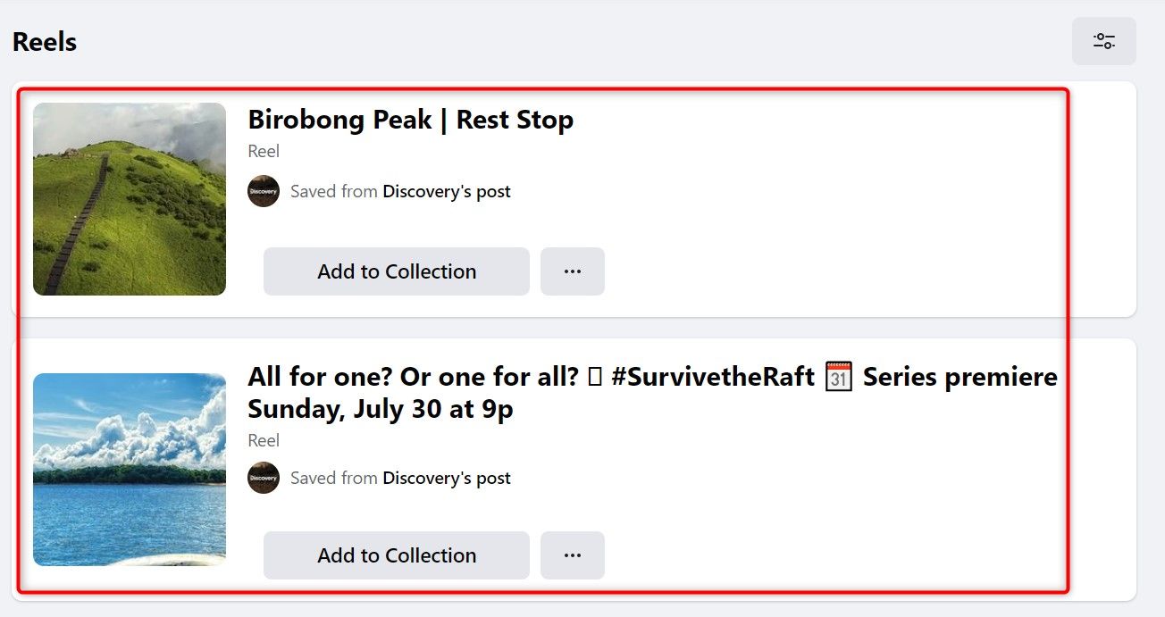 Список сохранённых Reels на сайте Facebook, подсветка роликов
