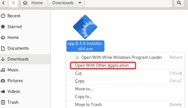 Выбор приложения для открытия инсталлятора Windows на Linux