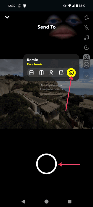 Выбор вставки лица в интерфейсе Remix в Snapchat