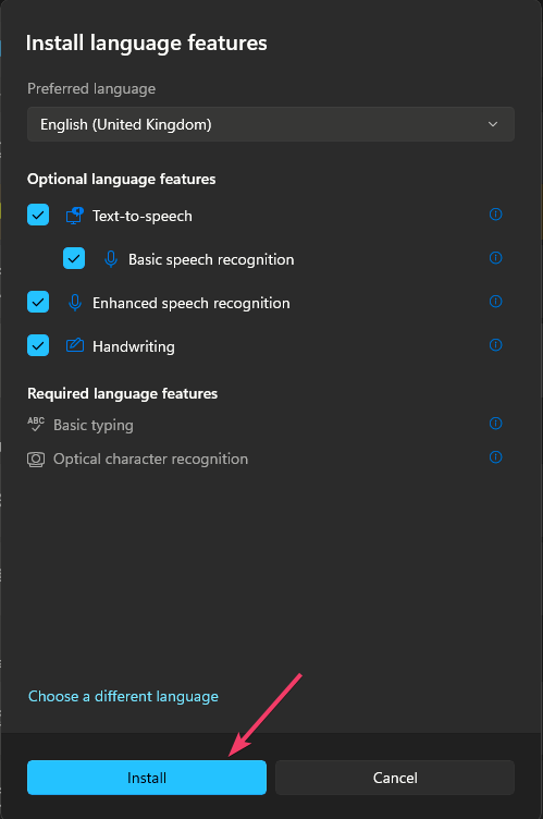 Кнопка Установить языковой пакет
