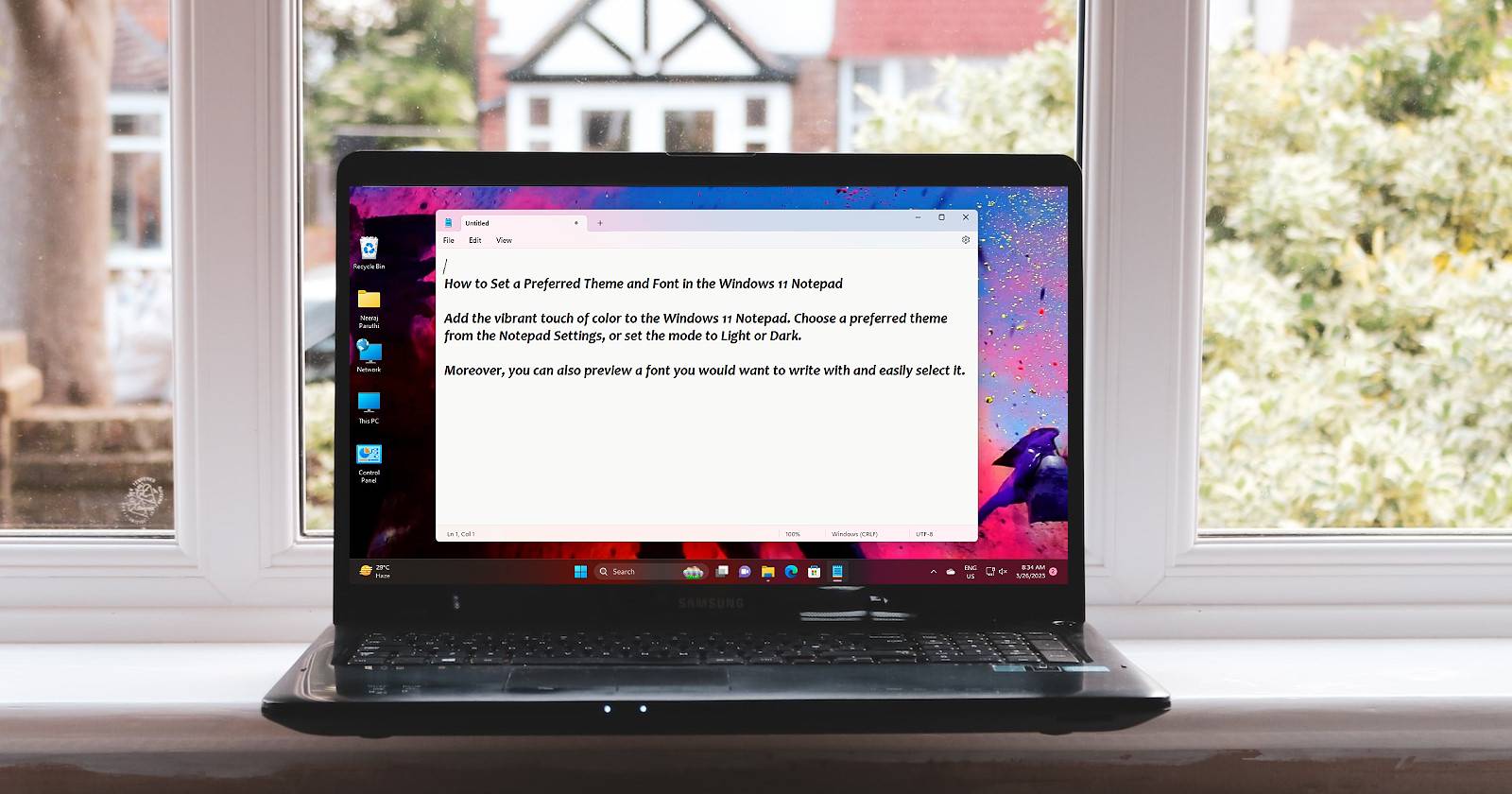 Блокнот с новой темой и шрифтом на ноутбуке с Windows