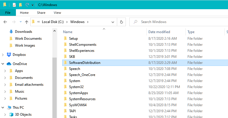 Переименование папки SoftwareDistribution для сброса кэша Центра обновления