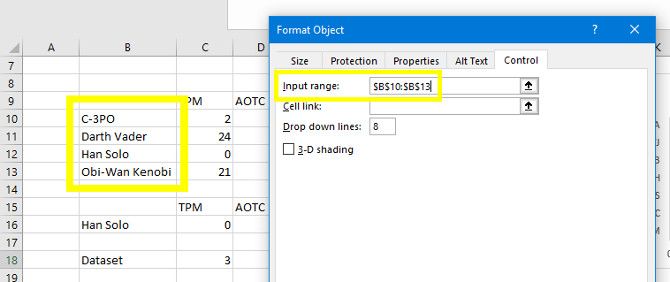Параметры диапазона ввода для Combo Box