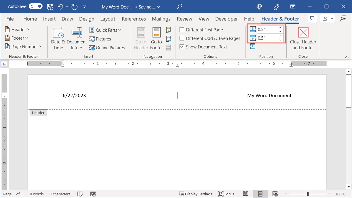 Header Positions in Word
