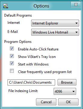Параметры ViStart: выбор браузера и почтового клиента