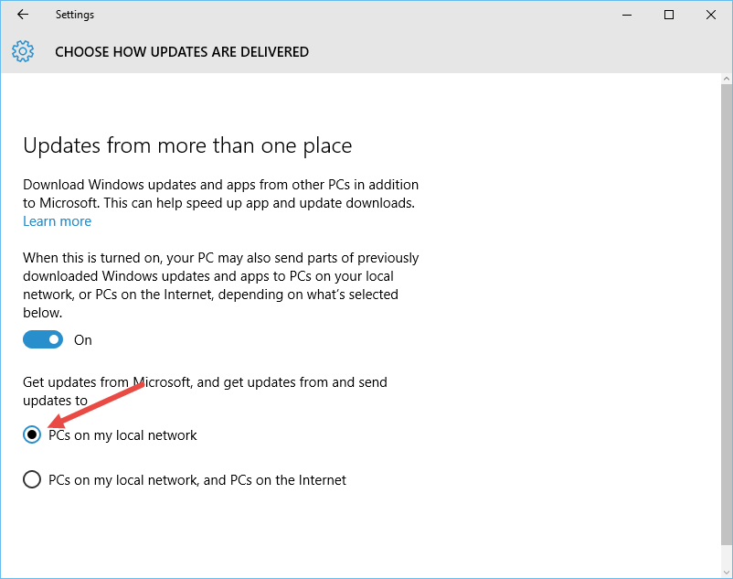 Выбор 'Только ПК в моей локальной сети' для обмена обновлениями