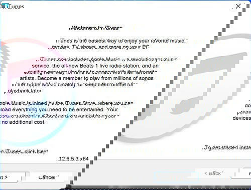Окно установки iTunes с приветствием