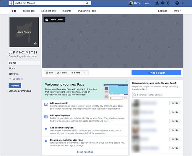 Пустая новая страница Facebook перед настройкой