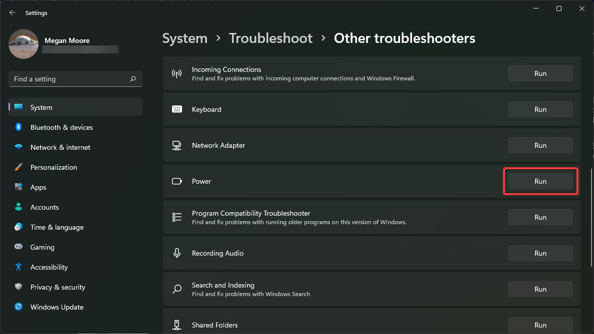 Run power troubleshooter.