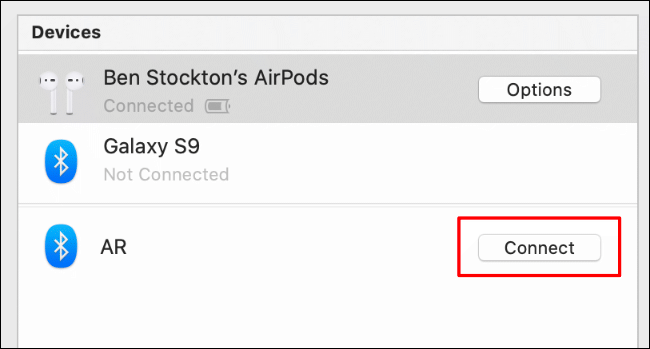 Click Connect in macOS Bluetooth settings to connect to the device