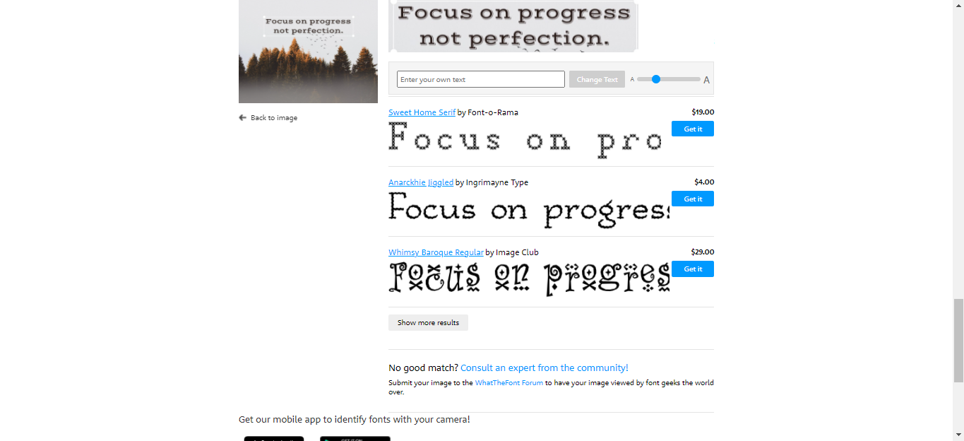 Кнопка «Показать больше результатов» в WhatTheFont