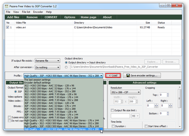 Настройки кодека и разрешения в панели приложения