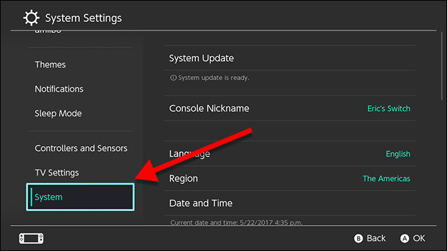 Настройки системы в меню Switch