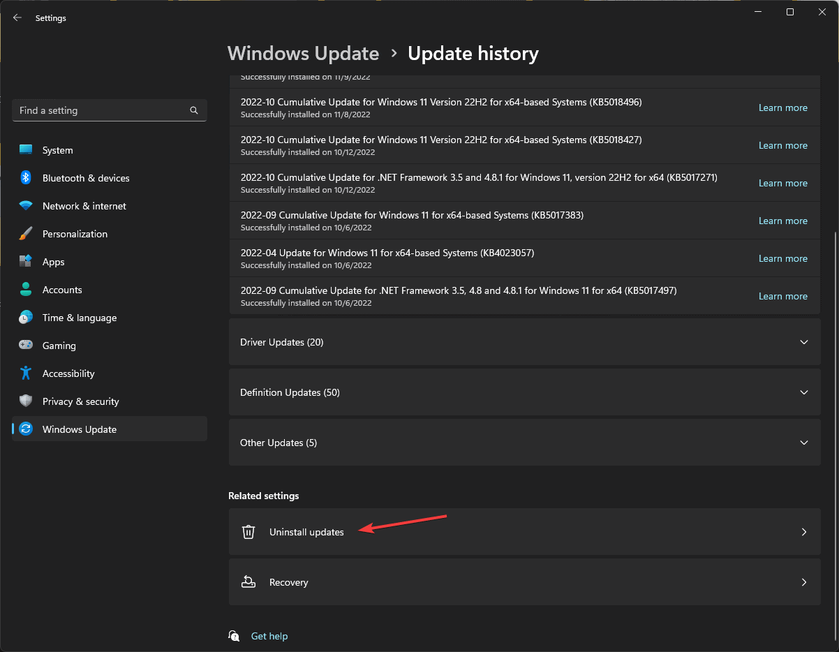Ссылка на удаление обновлений