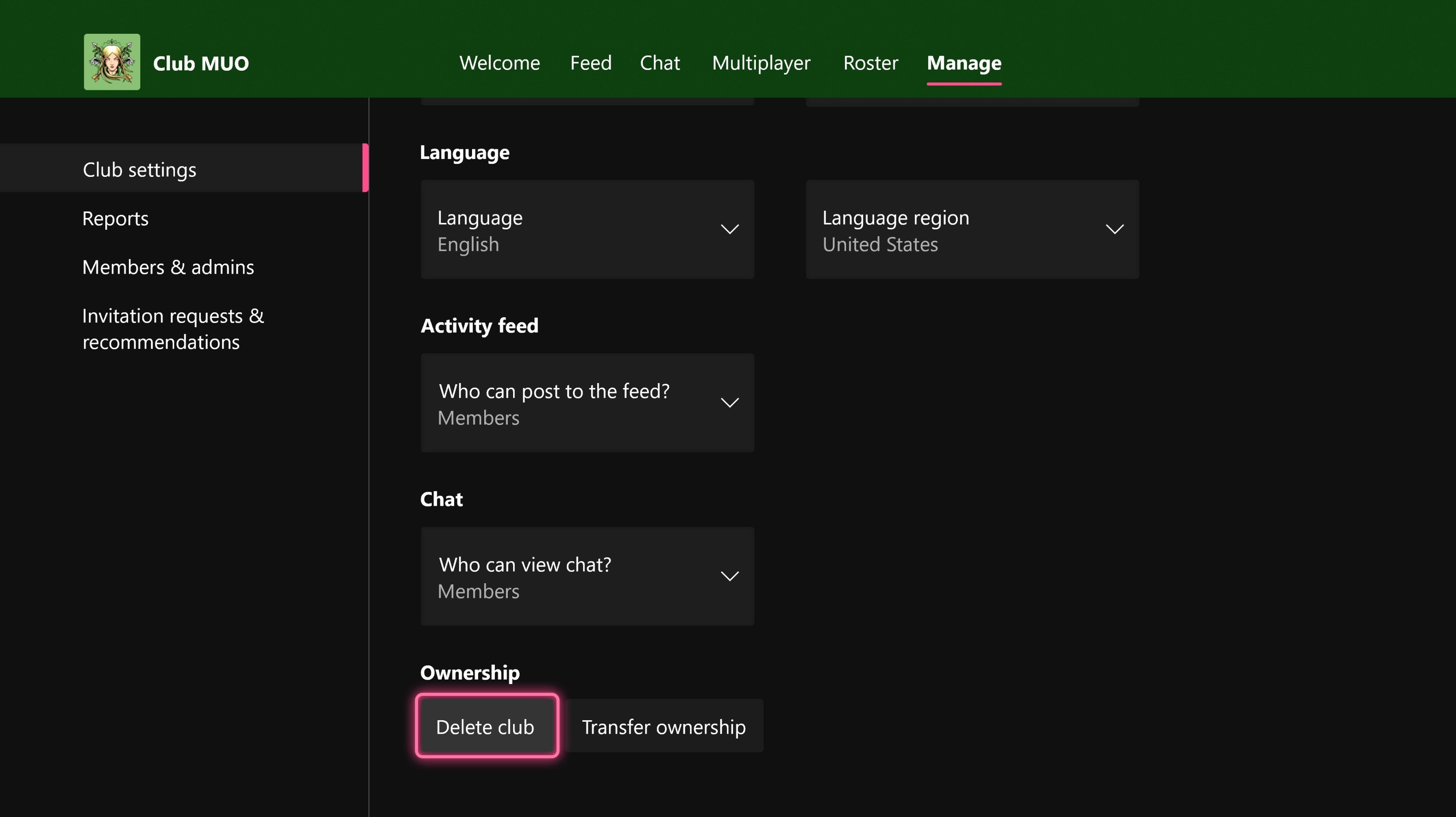Экран удаления клуба на Xbox