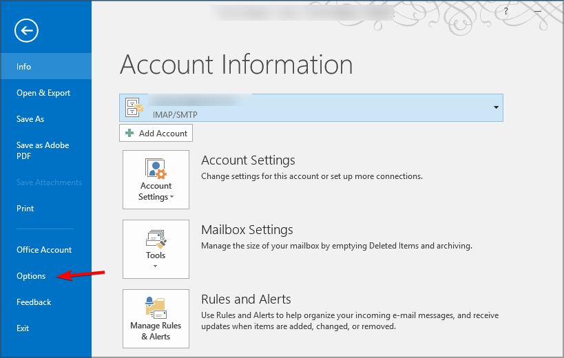Окно параметров Outlook с выделенной вкладкой «Файл»