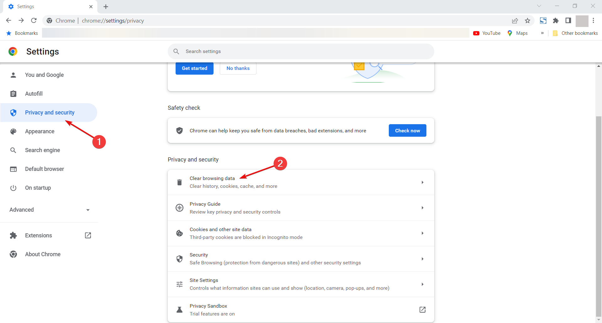 Окно «Очистить данные просмотра» в Chrome