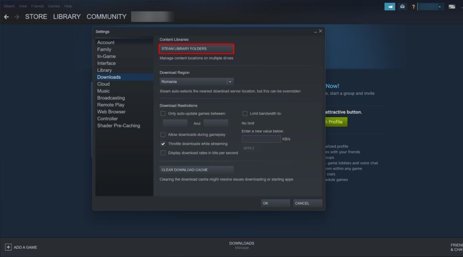 Кнопка «Папки библиотеки Steam» в настройках