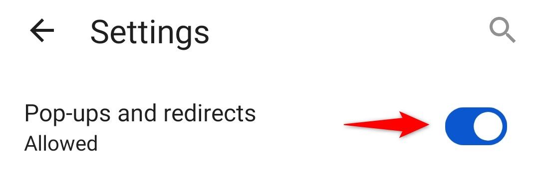Переключатель для разрешения всплывающих окон в мобильном Edge.