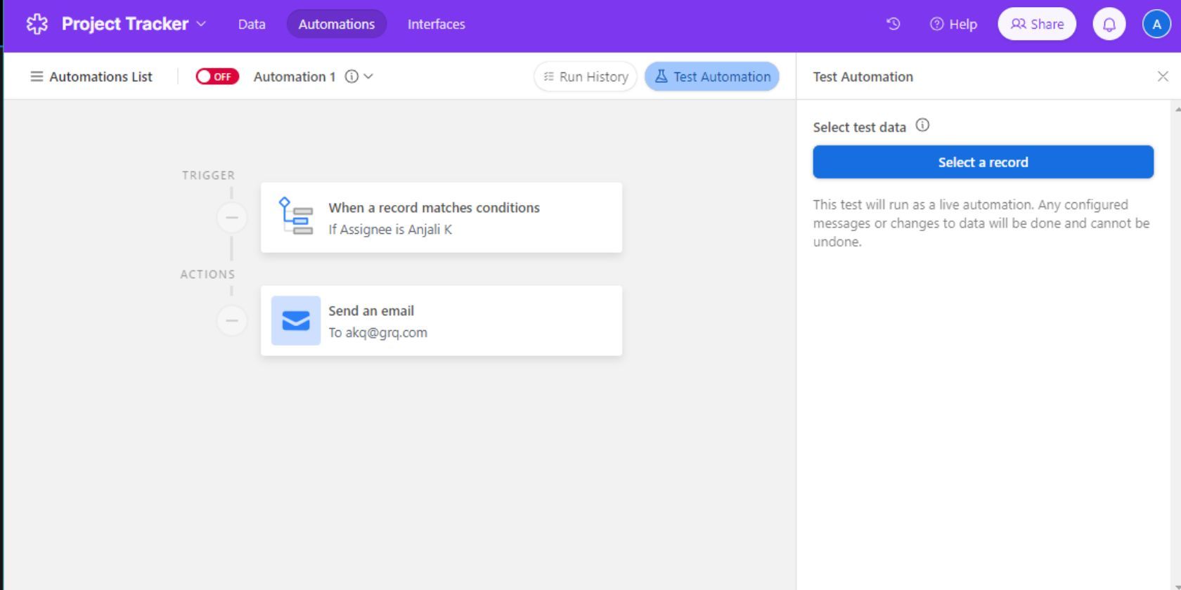 Скриншот окна тестирования автоматизации