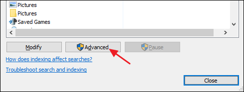 Окно 'Дополнительные параметры индексирования' — кнопка 'Перестроить'