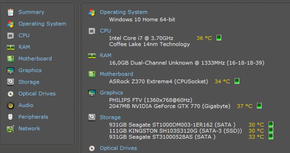 Speccy показывает список компонентов в левой панели и сводку системы