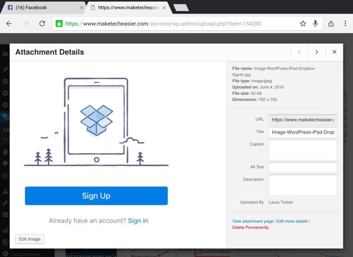 Просмотр загруженного изображения в медиатеке WordPress с корректным именем и размерами