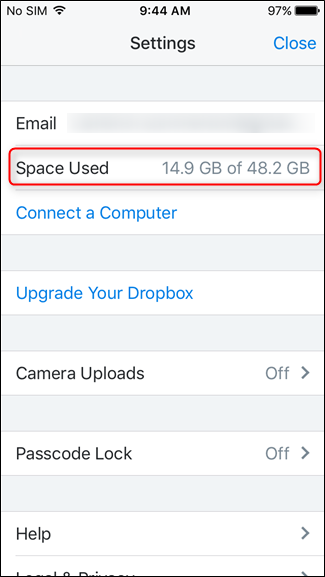 Дополнительный экран настроек Dropbox на iOS с деталями использования пространства
