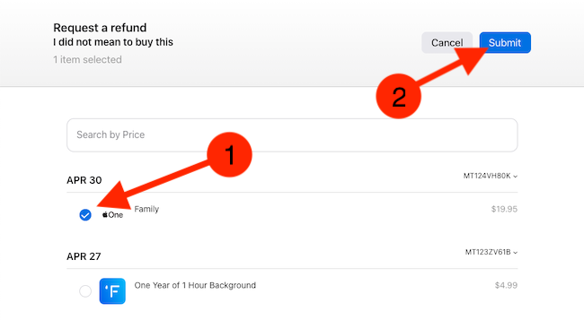 Choose which purchases you want refunded and then select 