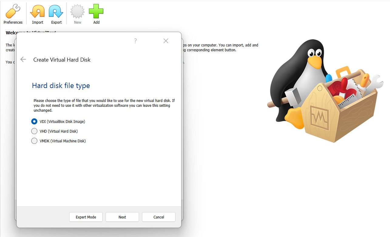 Specify hard disk file type virtualbox