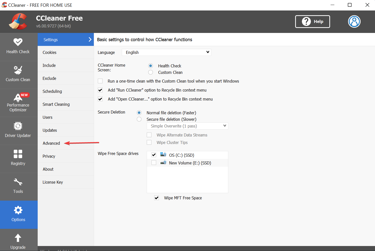 Кнопка Advanced в списке параметров CCleaner