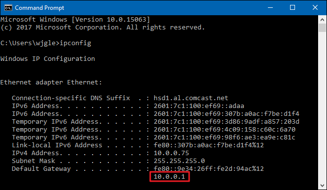 Результат ipconfig с Default Gateway