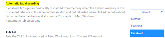 Страница chrome://flags с выделенной опцией Automatic Tab Discarding
