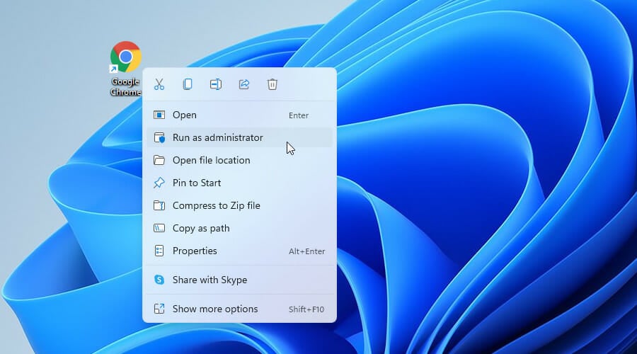 Ярлык Chrome с контекстным меню и опцией запуска от имени администратора