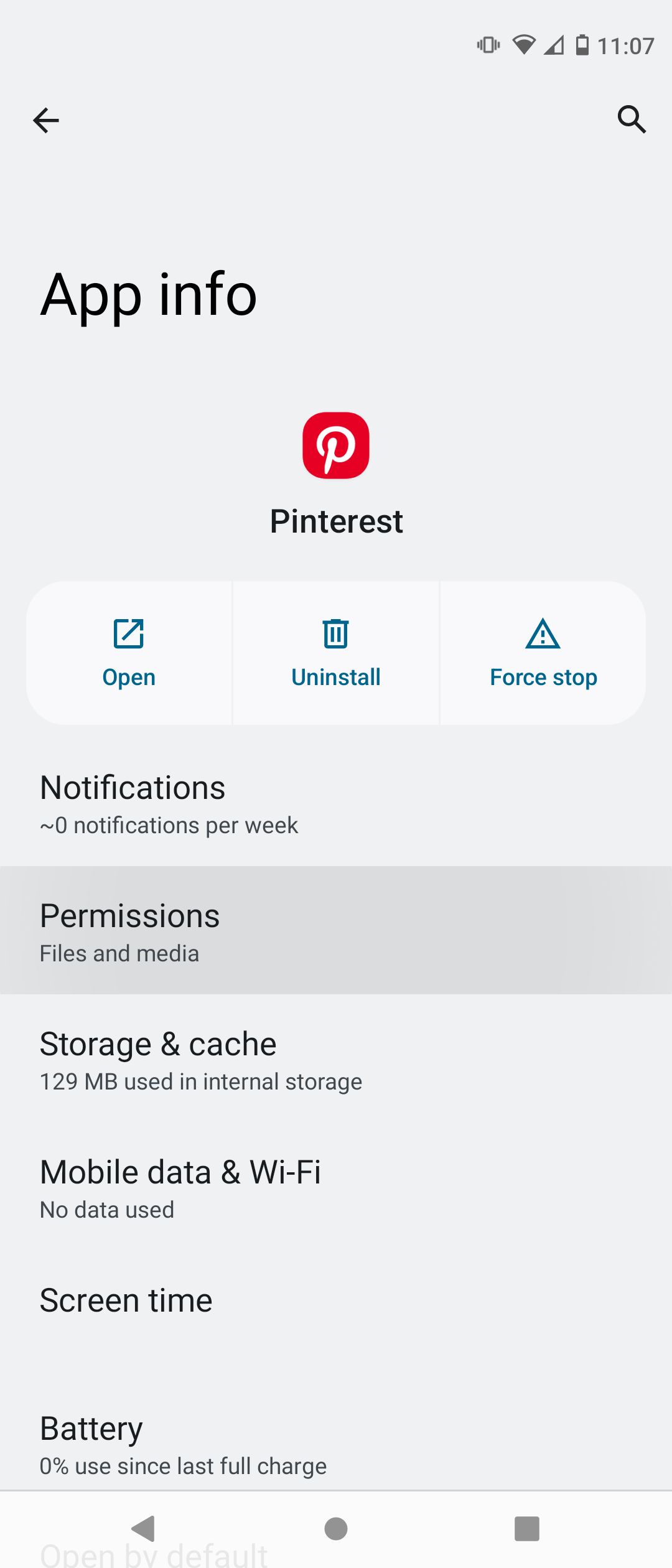 Информация о приложении Pinterest в настройках Android