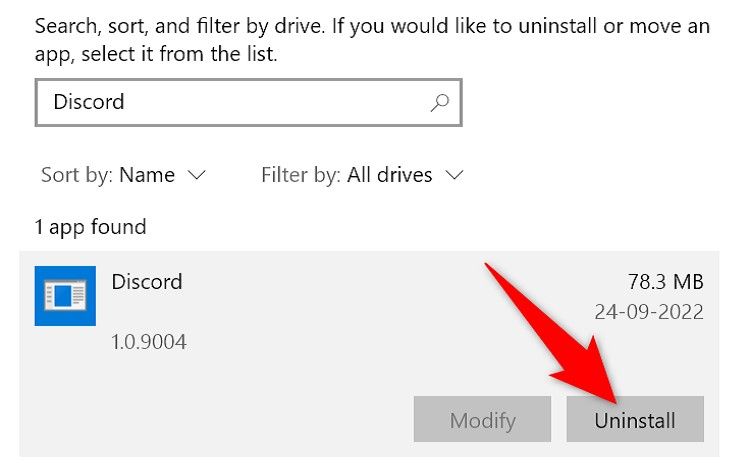 Выделен пункт Удалить для Discord в настройках Windows 10.