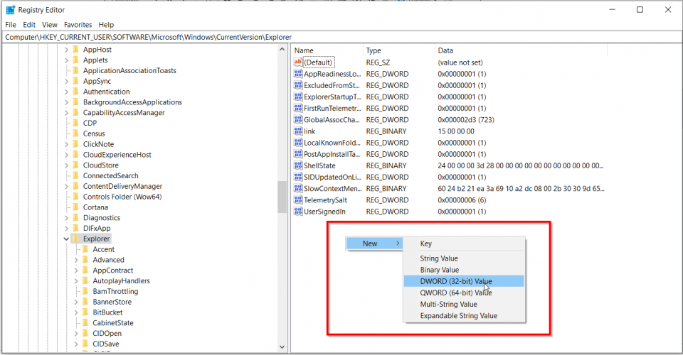Создание нового DWORD в редакторе реестра