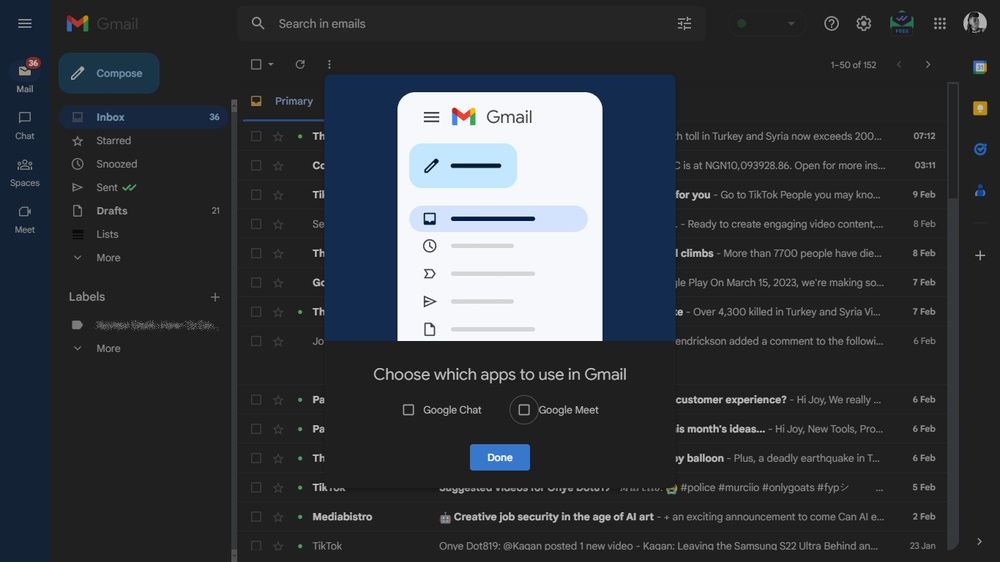 диалог выбора приложений для Gmail