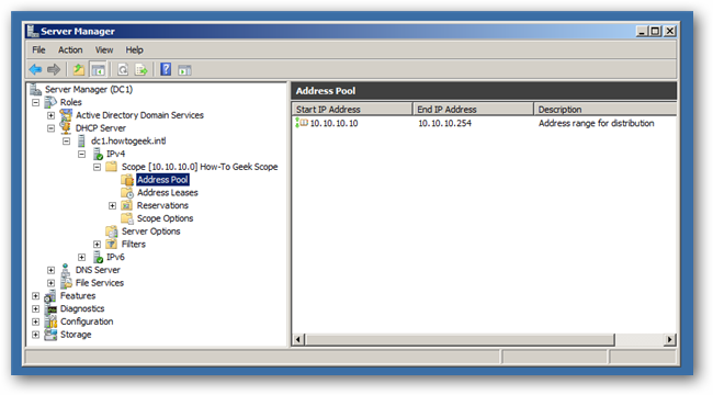 Консоль управления DHCP — список арендуемых адресов и состояние сервера