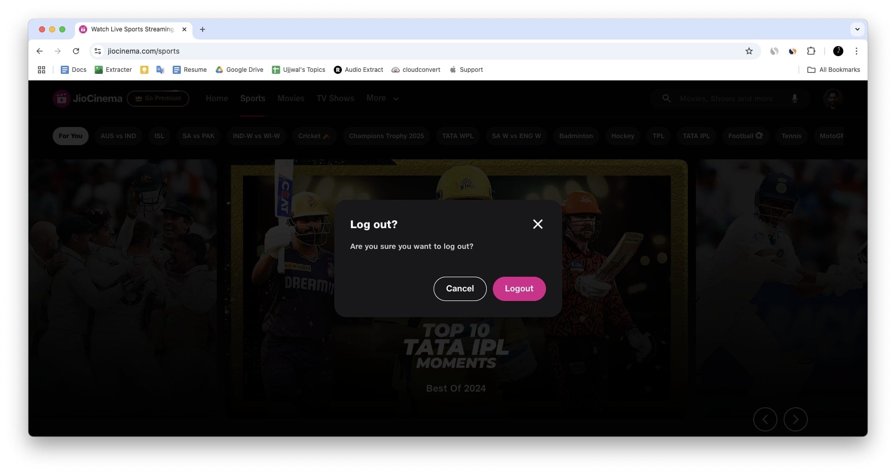 подтверждение выхода из аккаунта Jio Cinema