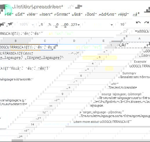 Изображение: пример формулы GOOGLETRANSLATE в ячейке