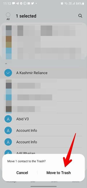 Перемещение в корзину в Samsung Contacts