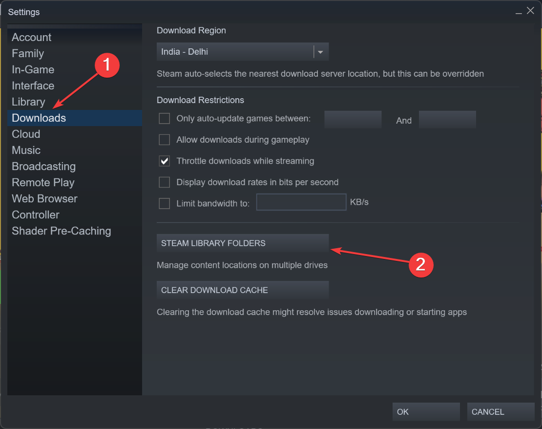 Выбор папки библиотеки Steam