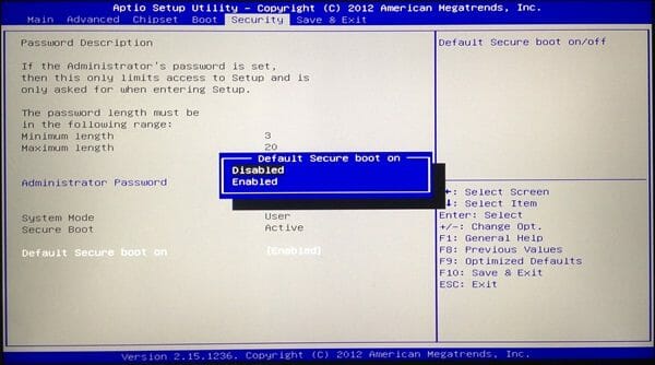 Меню безопасности в BIOS