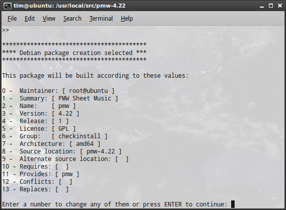 Окно checkinstall с запросом описания пакета