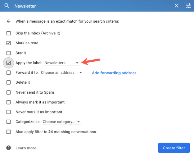 Выбор действия применения метки в фильтре